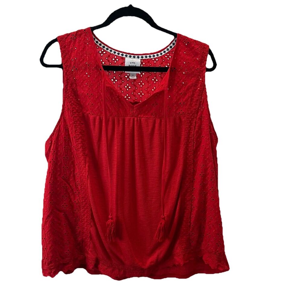 Knox Rose Red Crochet Eyelet Sleeveless Tassels Boho Top Womens Size XL Peasant